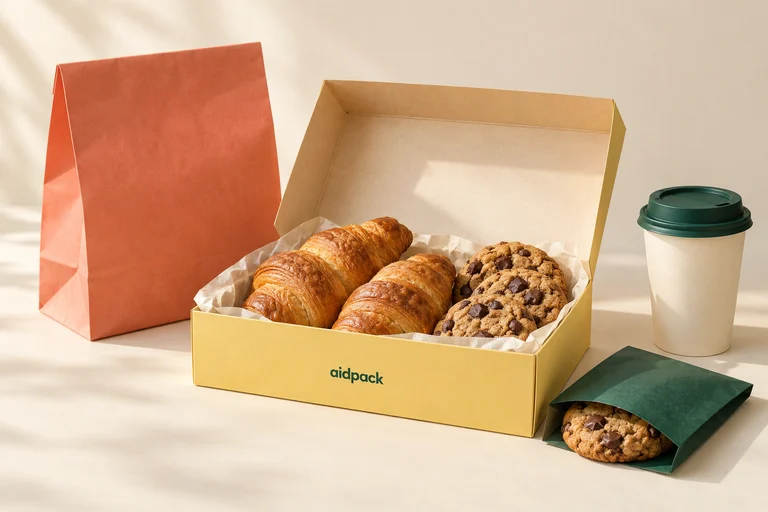 Croissants und Cookies in einer Gebäckbox mit Bäckertüte und Kaffeebecher