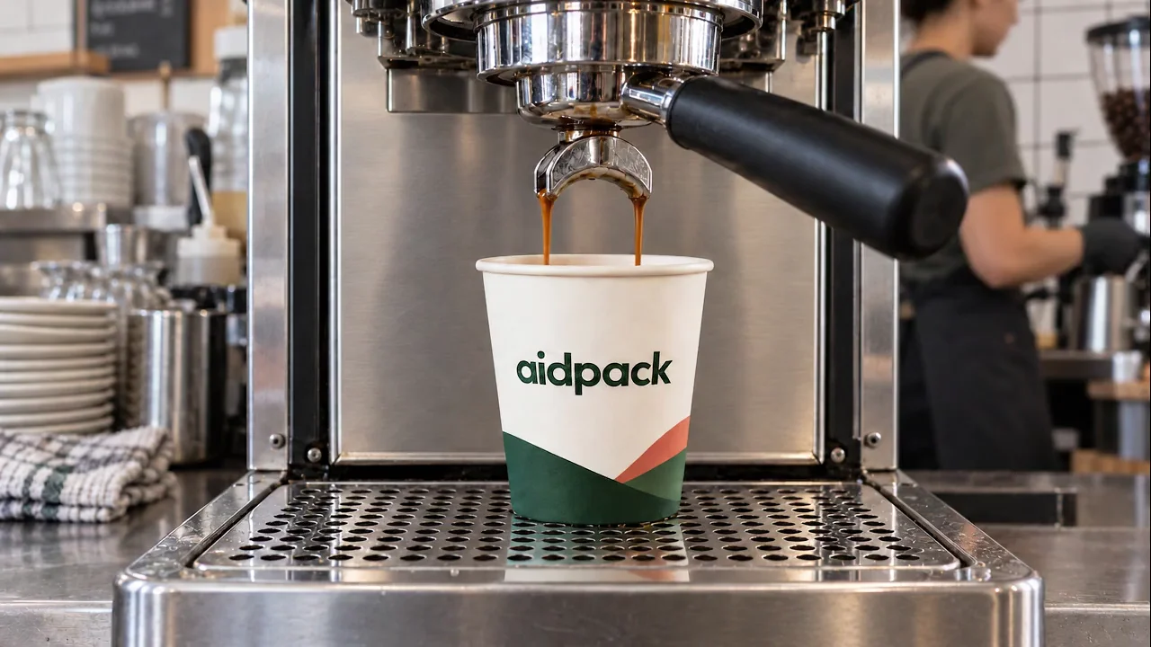 AidPack-Verpackungen im Café, in der Bäckerei, im Burgerladen und im Kühlregal – KI-generierte Gestaltungsszenen