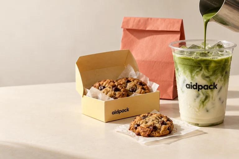 Matcha im PET-Becher mit Cookie-Box und Papiertüte als Gestaltungsidee