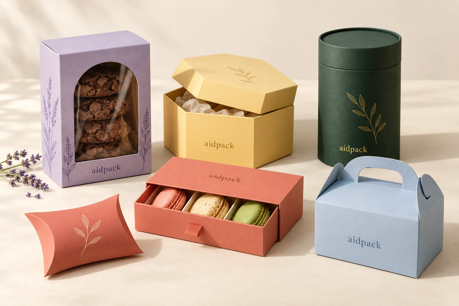 Sechs farbige Verpackungskonzepte: Fensterbox, sechseckige Box, Schiebebox, Tragebox, Papierrolle und Kissenschachtel