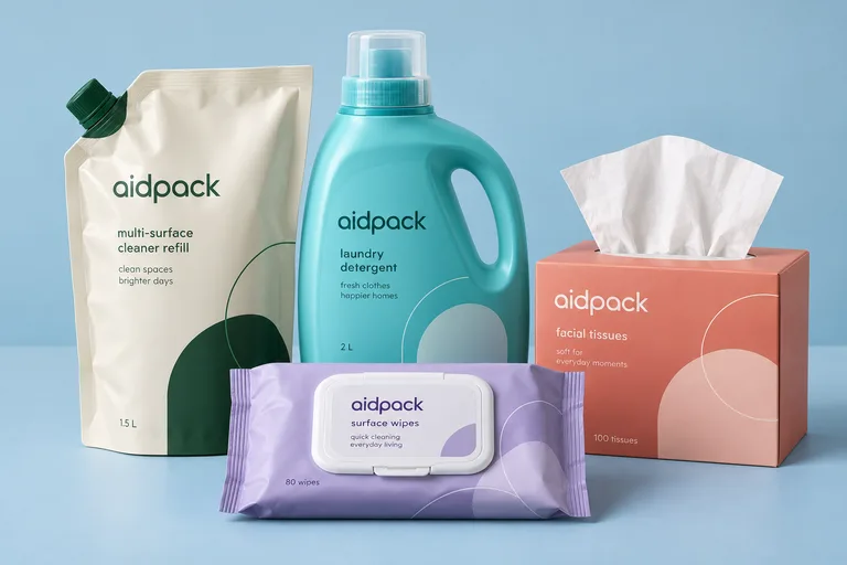 Nachfüllbeutel, Waschmittelflasche, Feuchttuchpackung und Tuchbox als Gestaltungsbeispiel