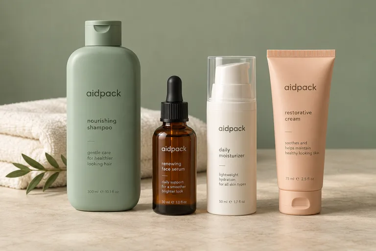 Shampooflasche, Pipettenflasche, Airless-Spender und Tube mit zusammengehöriger Gestaltung