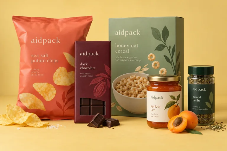 Bedruckter Snackbeutel, Schokoladenhülle, Müslikarton und gefüllte Gläser als Gestaltungsidee